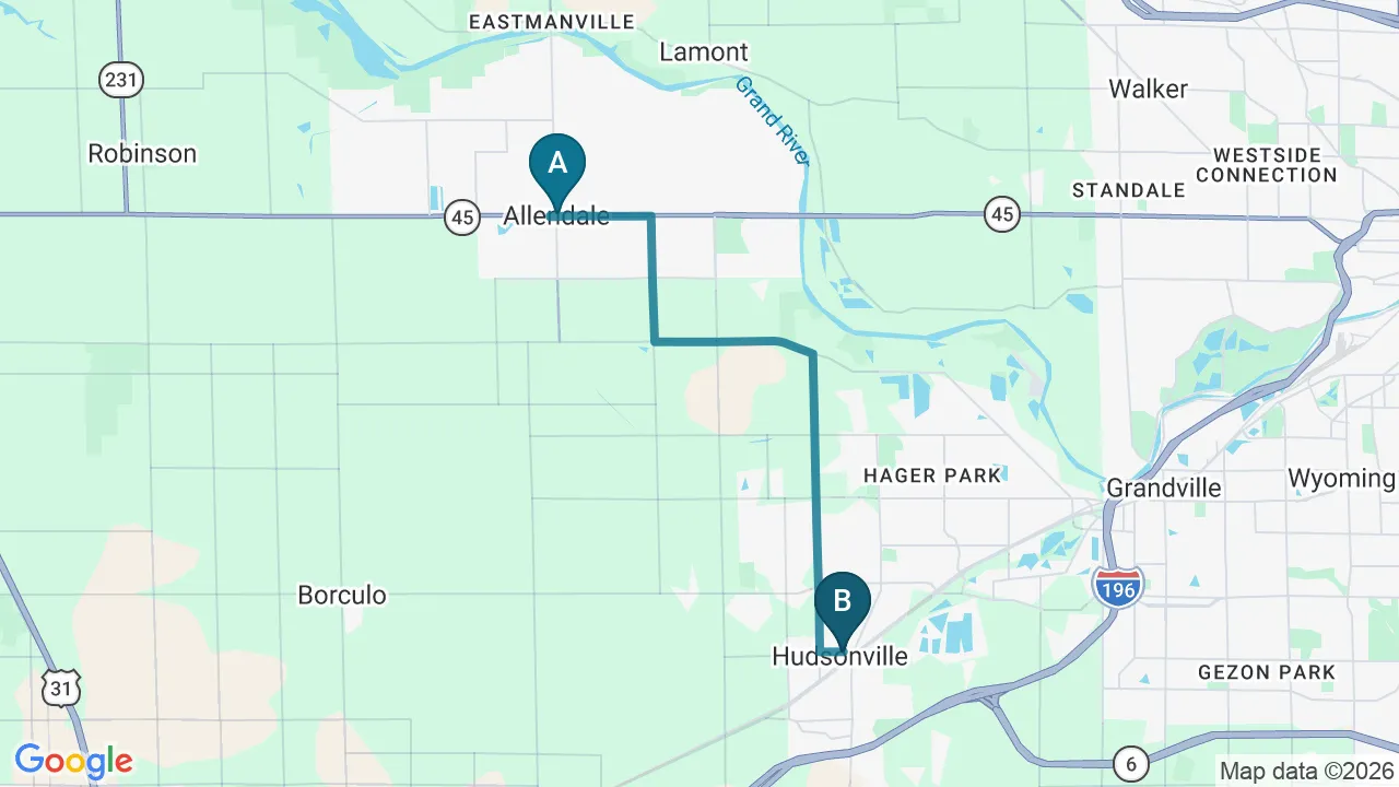 Driving directions map from Allendale, MI to Prairie Star Chiropractic in Hudsonville