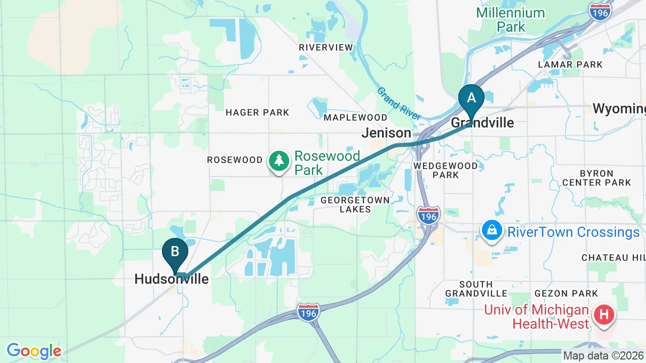 Driving directions map from Grandville, MI to Prairie Star Chiropractic in Hudsonville
