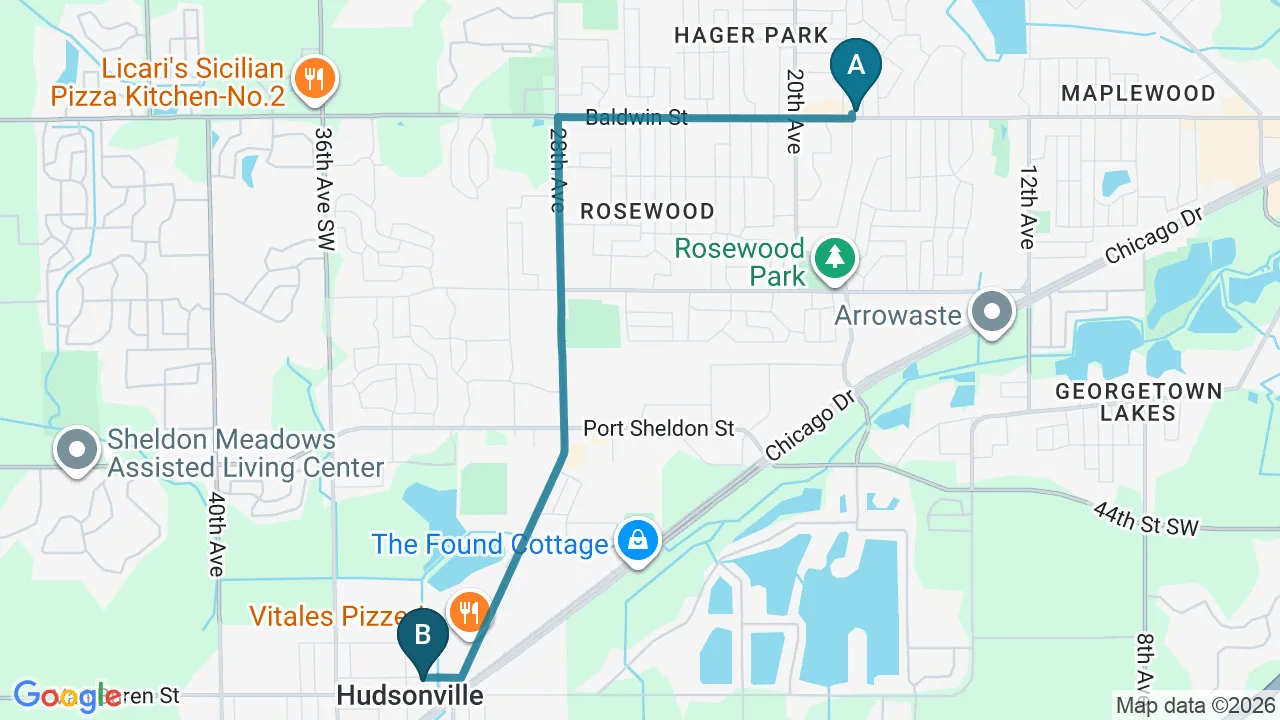 Driving directions map from Jenison, MI to Prairie Star Chiropractic in Hudsonville