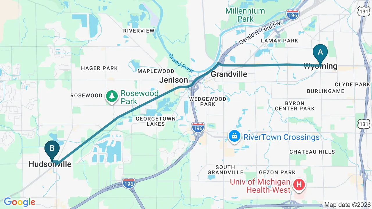 Driving directions map from Wyoming, MI to Prairie Star Chiropractic in Hudsonville