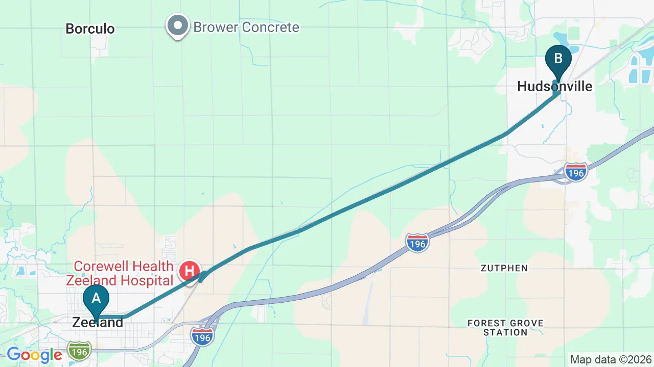 Driving directions map from Zeeland, MI to Prairie Star Chiropractic in Hudsonville